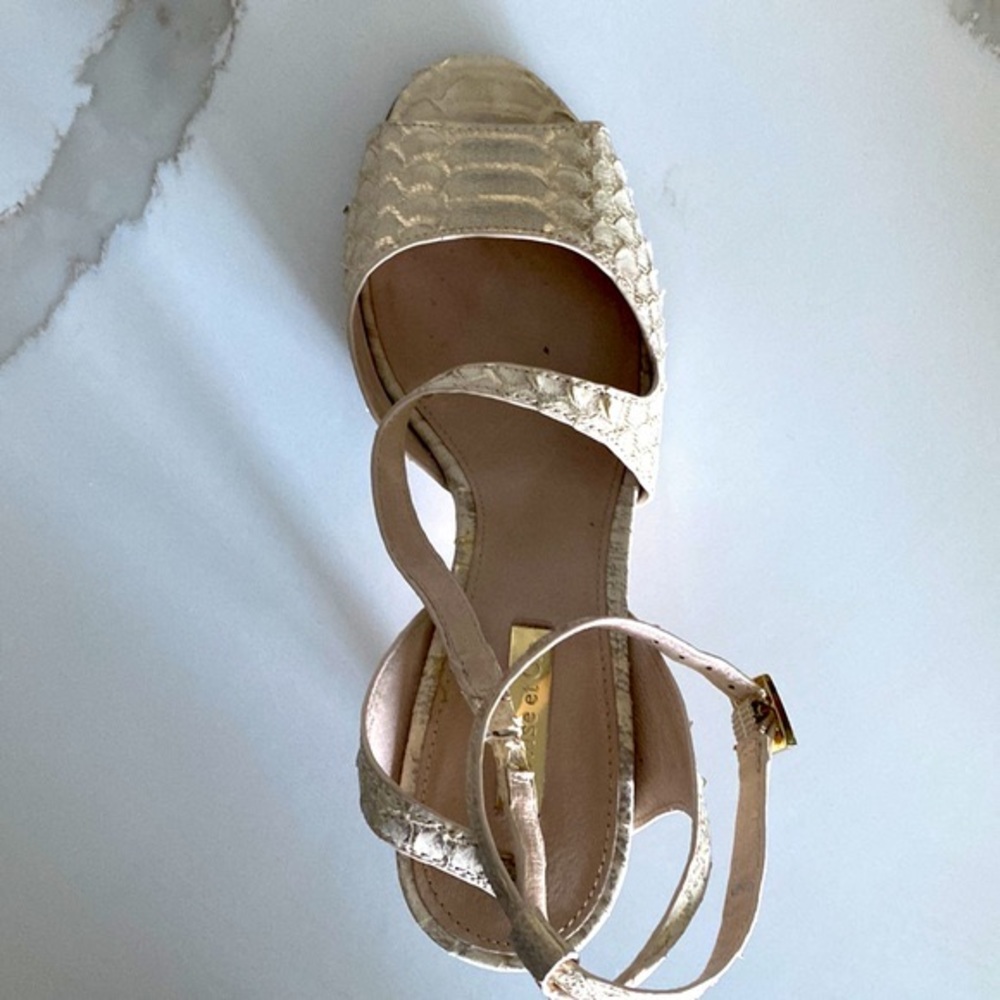 Gold and Cream open toe pumps with ankle strap